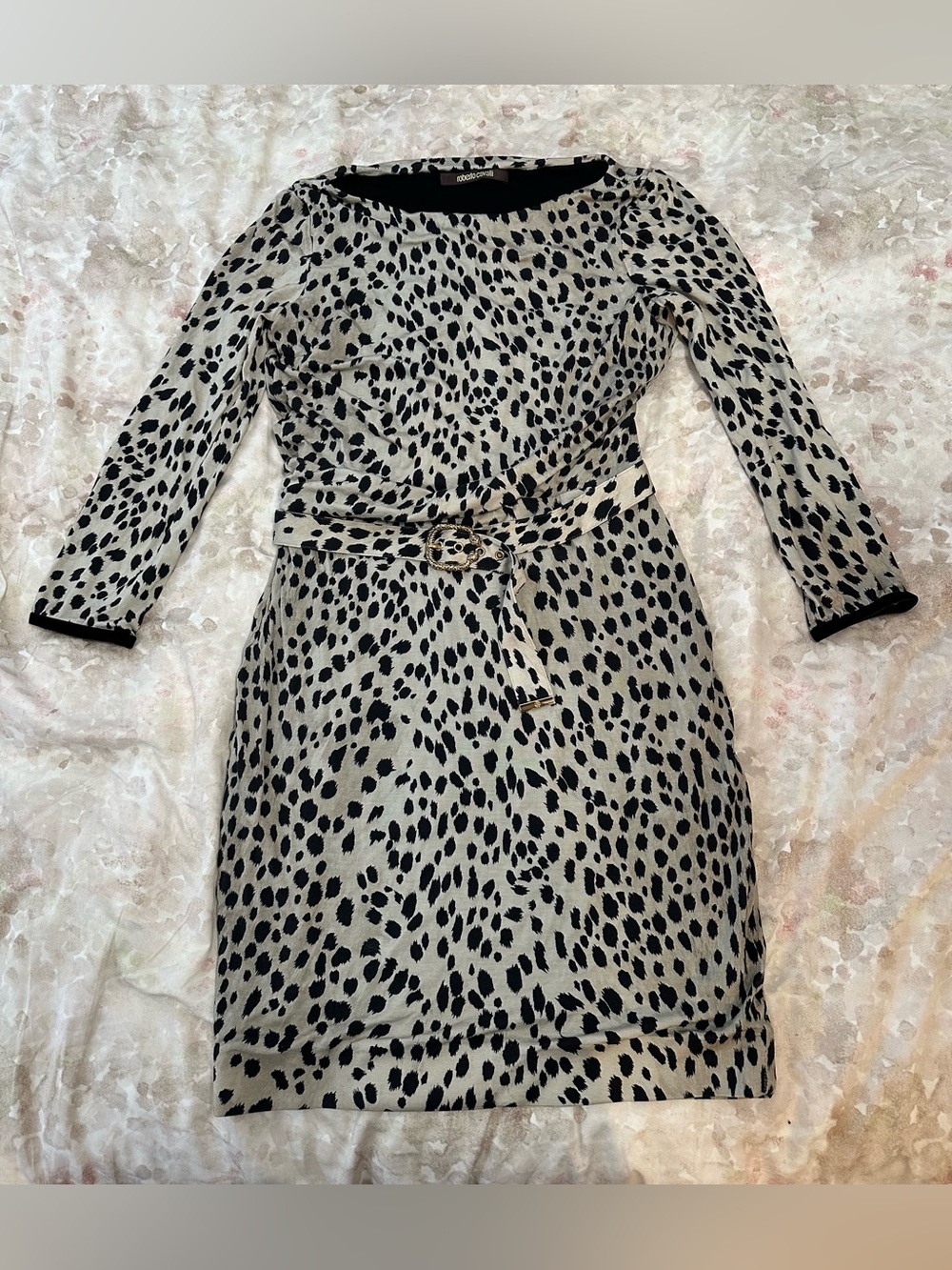 Roberto Cavalli Cream and Black Animal-Print Long-Sleeve Belted Dress